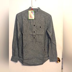 Houston White Long Sleeve Banded Collar Denim Look Pinstripe Shirt  Sz XXS